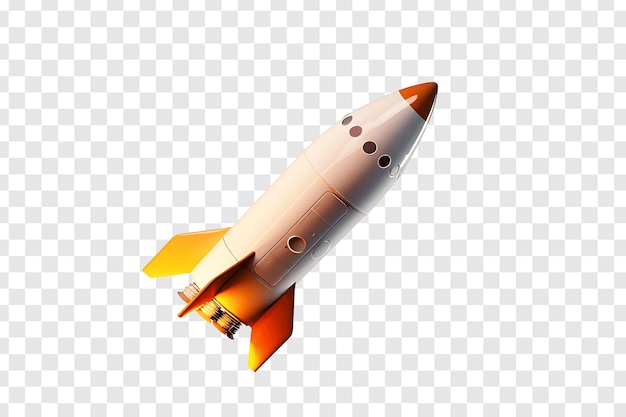 PSD white rocket with orange fins pointing upwards with transparent background