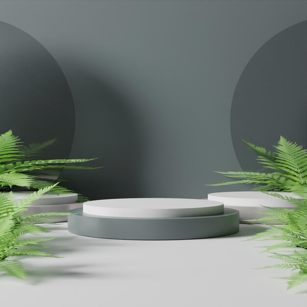 A white room with a gray wall and plants and a round white structure with a green plant in the middle.