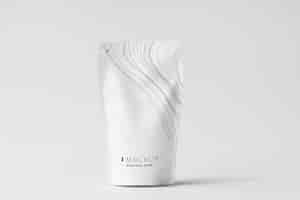 PSD white sachet mockup against white background