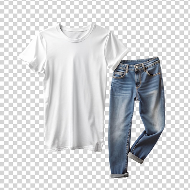 A white shirt and blue jeans on transparent background