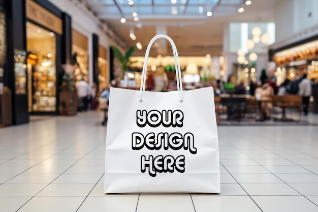 White shopping bag in shopping mall shallow depth of field Mockup for bag design