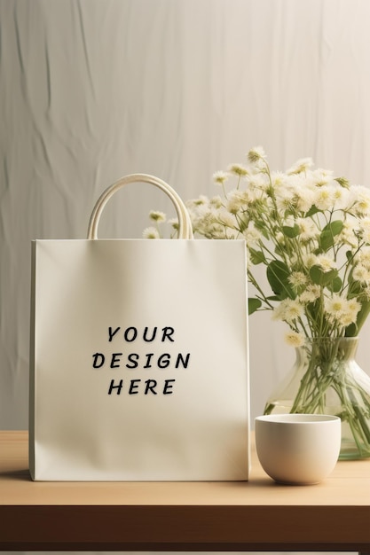 PSD a white shopping bag with a white background and a glass cup and a white mug