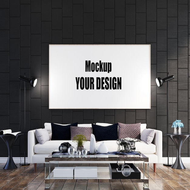 White sofa in black wall modern living room picture frame mockup template background interior 3d