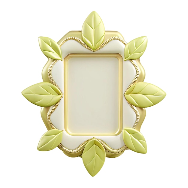 a white square with a gold frame and a green leaf on it