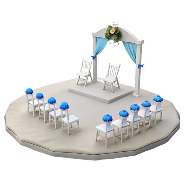 PSD a white stage with a stage with chairs and a canopy with flowers on it