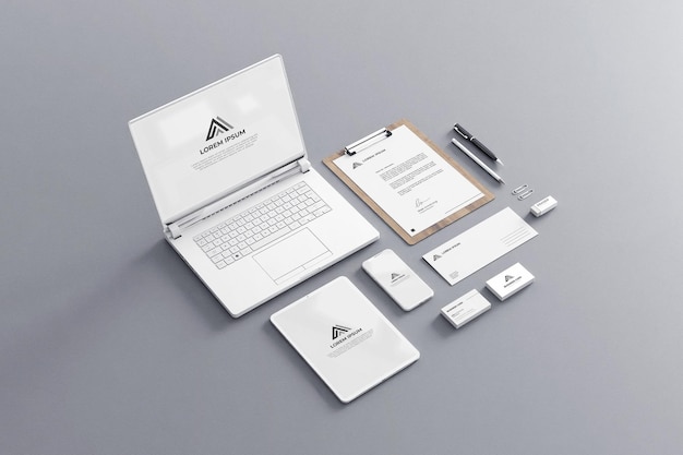 White Stationery Mockup Business Company with laptop tablet phone