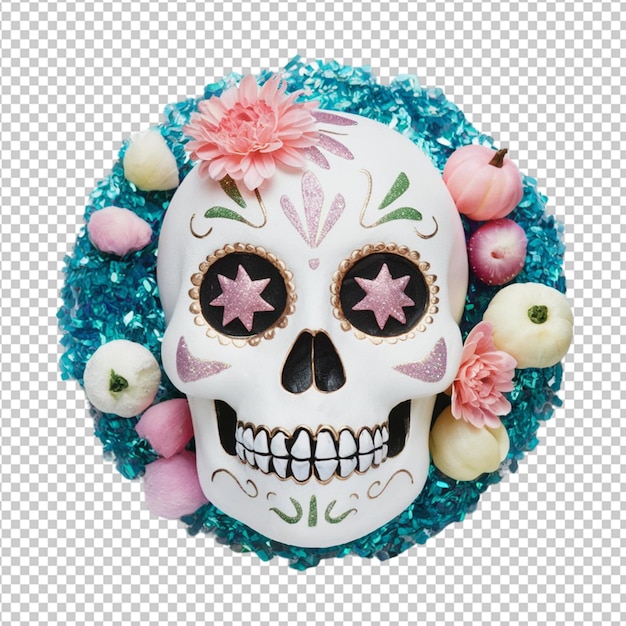 PSD white sugar skull with pastel decorations and glitter isolated