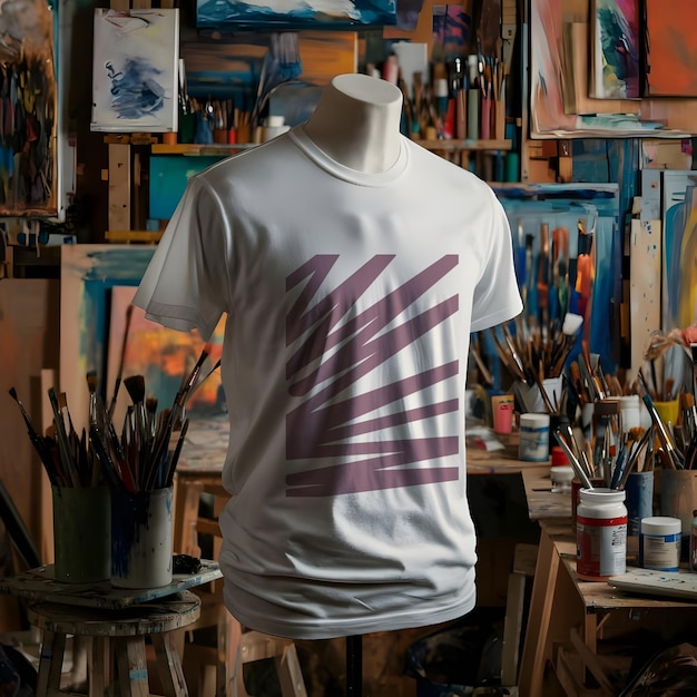 a white t shirt mock up on mannequin in the art studio