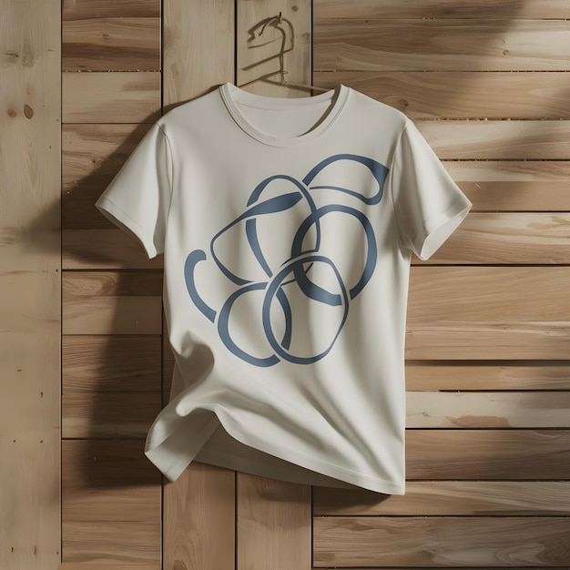 a white t shirt mockup template with a blue design on it is hanging on a wooden wall