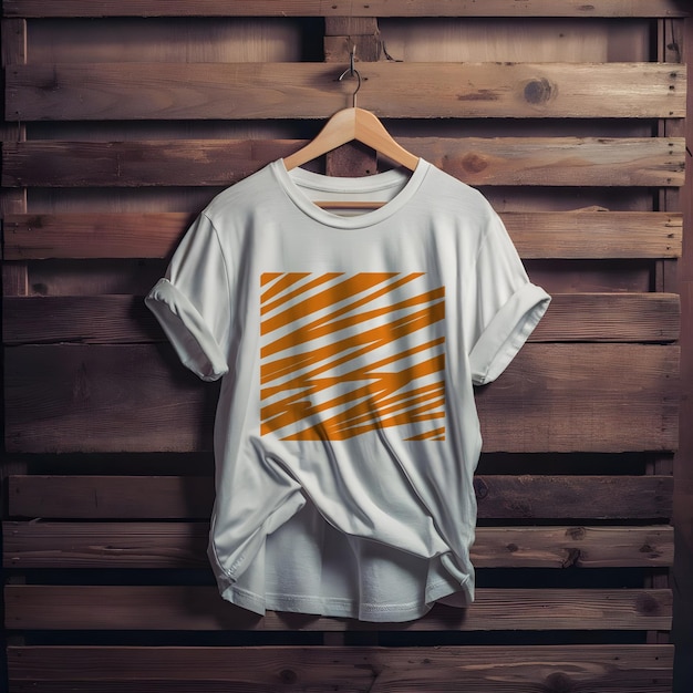 a white t shirt mockup with orange stripes on it is hanging on a wooden wall