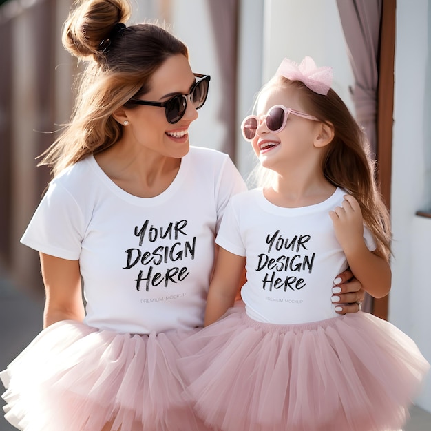 White t shirt psd mock up with mum and kid wearing the same t shirts