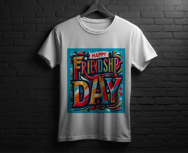 a white t shirt with a blue and green print that says friendship day