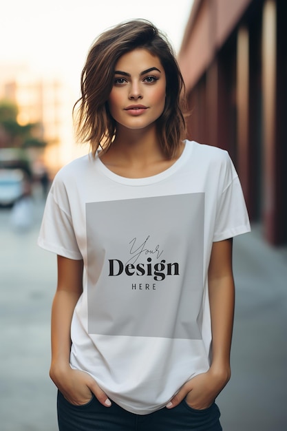 A white t - shirt with a design called design.