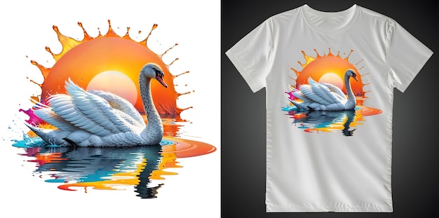 a white t - shirt with a swan on the front and the sun reflecting on the water