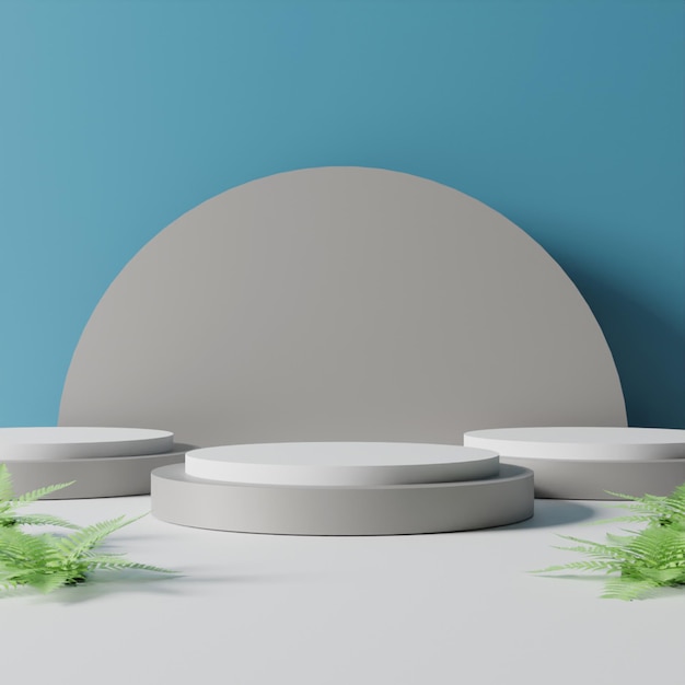 A white table with three white plates and a large white circle with green leaves on it.