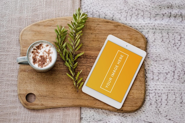 White Tabled Screen Mockup on Wooden Desk Cozy Home