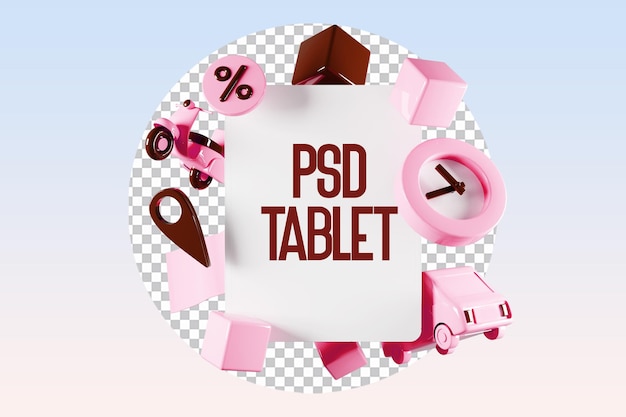 White tablet with elements fast shipping composition 3d render.