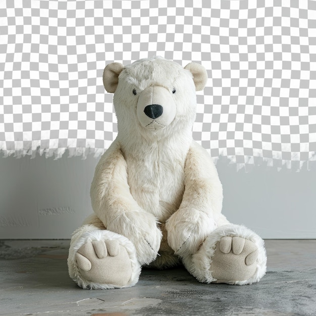 PSD a white teddy bear with a black nose sits on a concrete floor