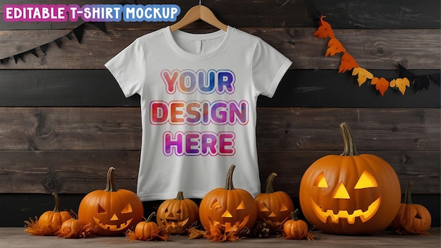 a white tee shirt with a pumpkin on it and a shirt that says your design