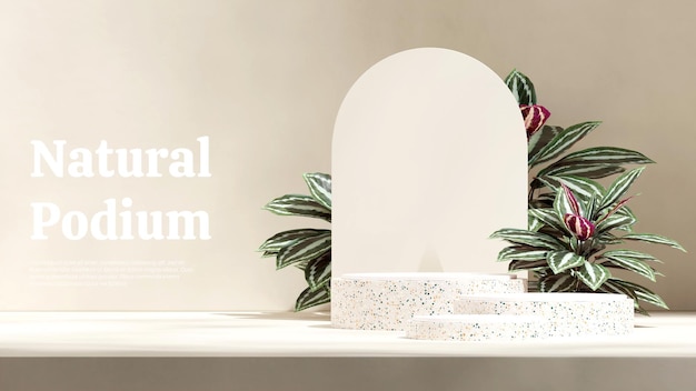 white terrazzo podium in landscape green purple calathea plant and arch 3d render empty mockup