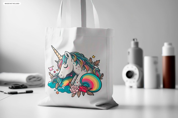 PSD a white tote bag with a unicorn on it.