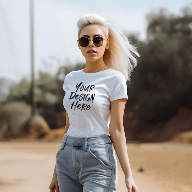 White TShirt Mockup in Sunny Outdoor Setting with a Glamorous Blonde hair Girl