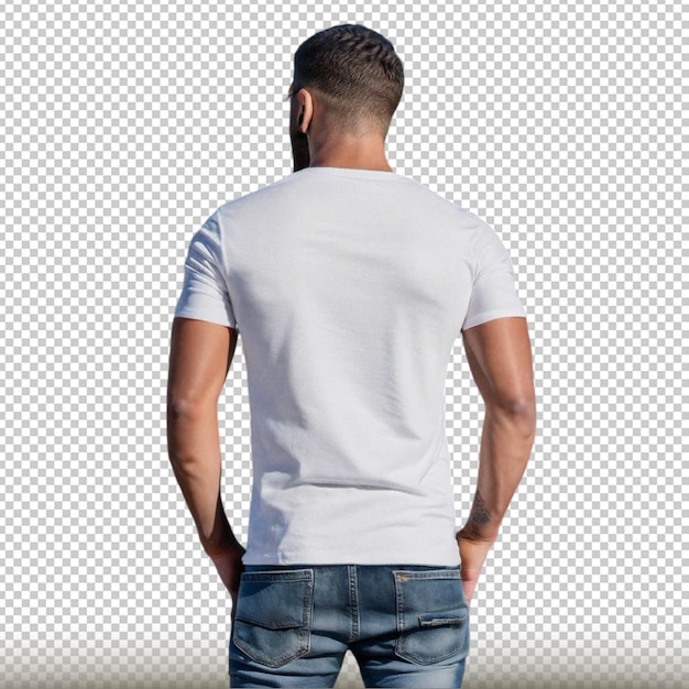 PSD white tshirt model back view isolated on transparent background