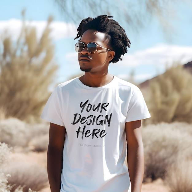 White TShirt PSD Mockup Featuring a Modern African American Guy