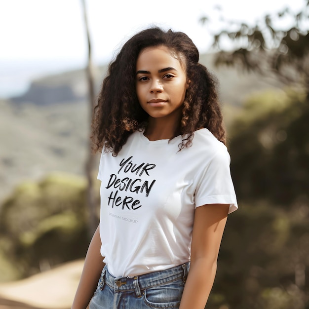 White TShirt PSD Mockup Featuring a Modern and Gorgeous African American Teenage Girl