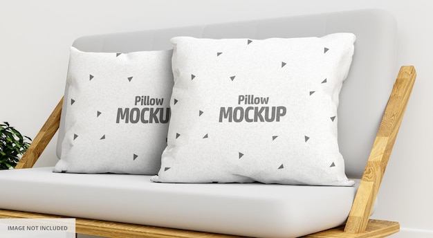 White Two Pillow Mockup on Wooden Sofa