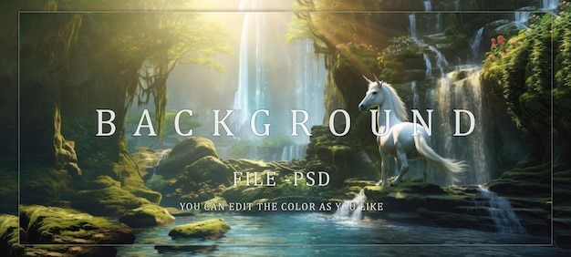 PSD a white unicorn in a lush waterfall setting