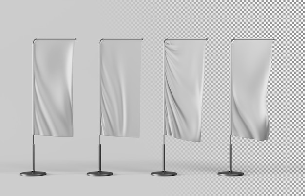 PSD white vertical rectangle banner flags and pennants on pole 3d render icon set realistic mockup of blank fabric promotion posters advertising textile banners on metal black pillars