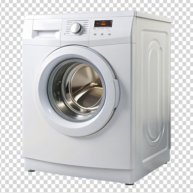 A white washing machine with a glass door on transparent background