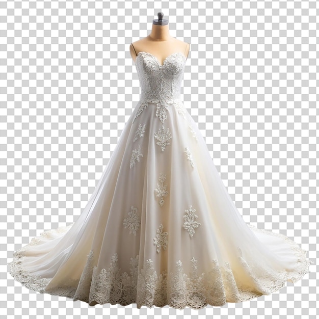 A white wedding dress on a mannequin on transparent background