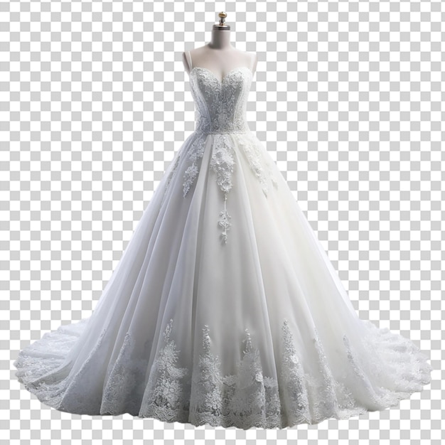 A white wedding dress on a mannequin on transparent background