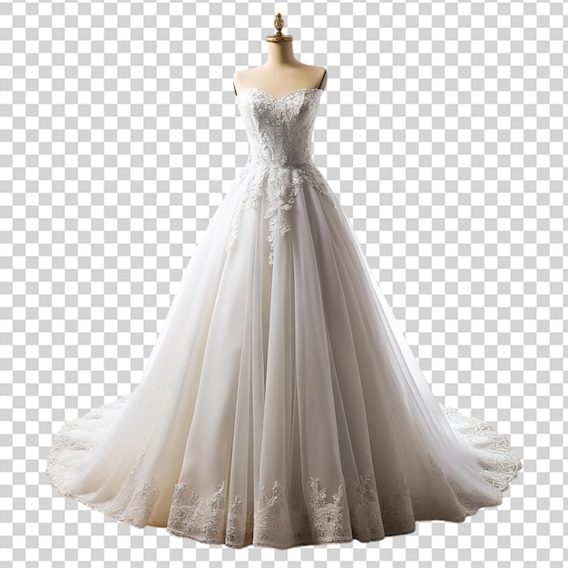 A white wedding dress on a mannequin on transparent background