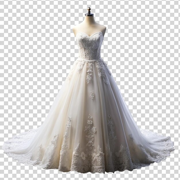 A white wedding dress on a mannequin on transparent background