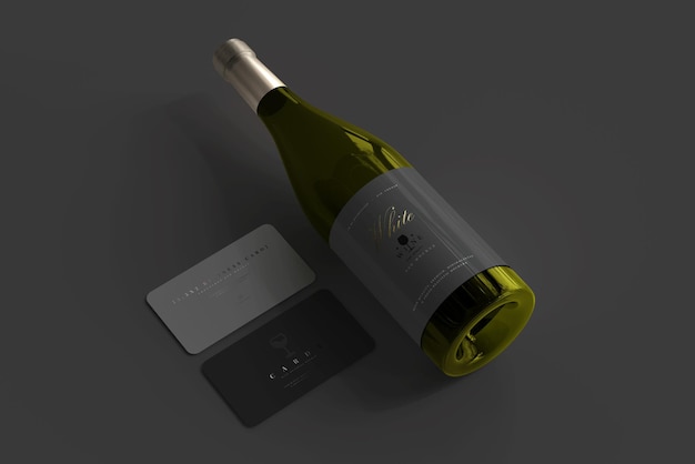 PSD white wine bottle with business cards mockup