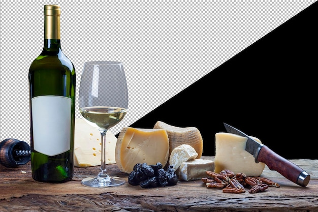 PSD white wine bottle with cheese