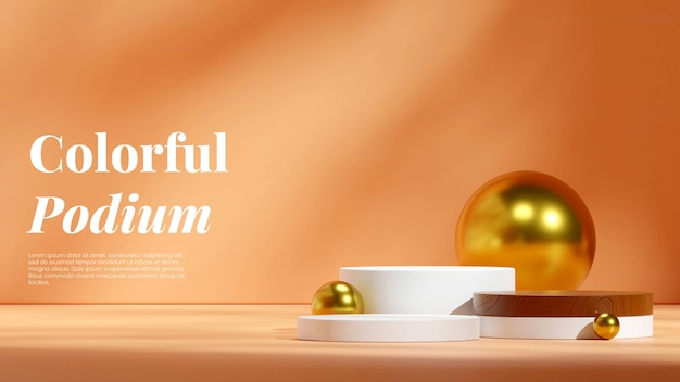 white and wood texture podium in landscape gold sphere and orange wall 3d render image scene mockup