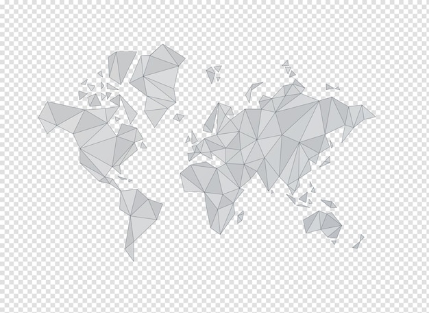 White world map shape made of polygons 3D illustration on a transparent background