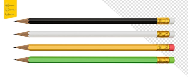 white Yellow Green and black pencils isolated on isolated background mock up 3d illustration