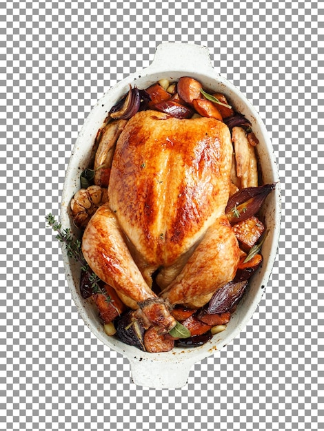 A whole baked chicken in a white dish with vegetables and herbs on transparent background