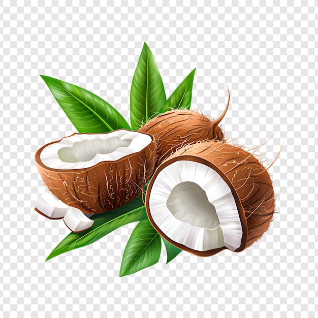 Whole and cracked coconut with leaves isolated on a transparent background