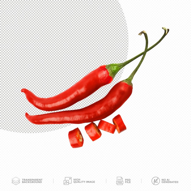 Whole and cut red hot chili peppers on transparent background