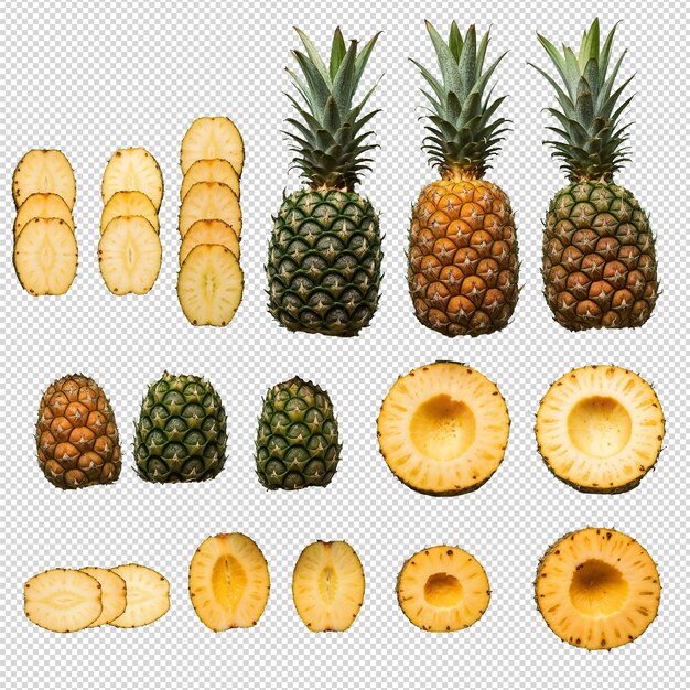 PSD whole fresh pineapples and pineapple chunks with transparent background