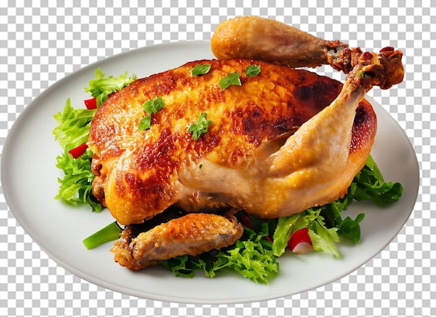 Whole Fried Chicken With Salad On A Plate On Transparent Background