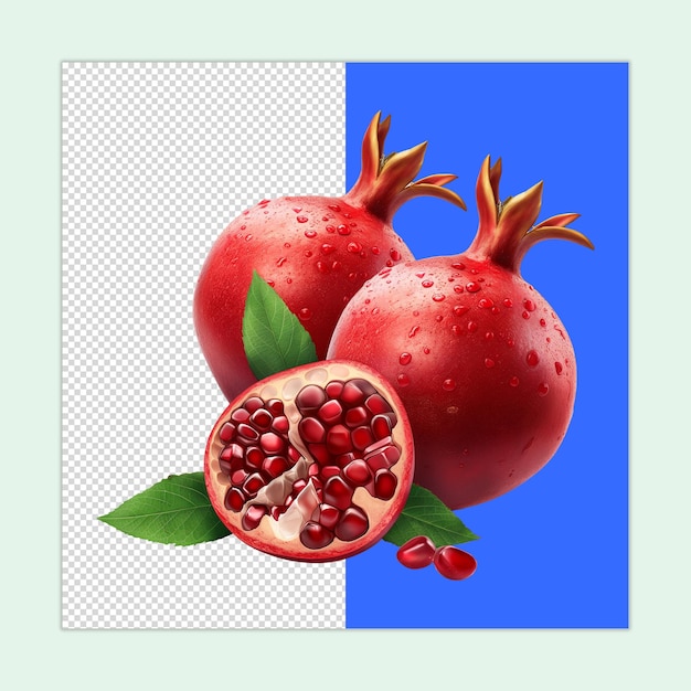 whole and half ripe pomegranates isolated on a transparent background