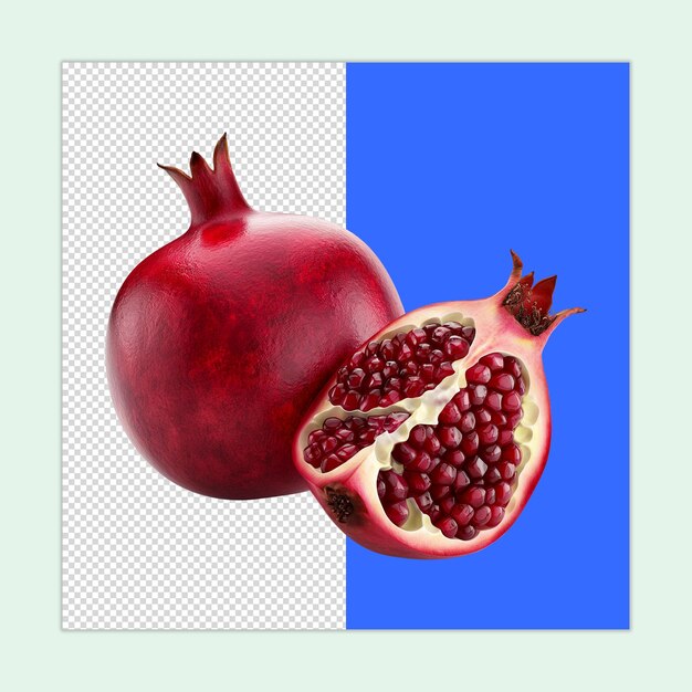 whole and half ripe pomegranates isolated on a transparent background