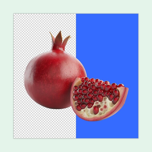 whole and half ripe pomegranates isolated on a transparent background